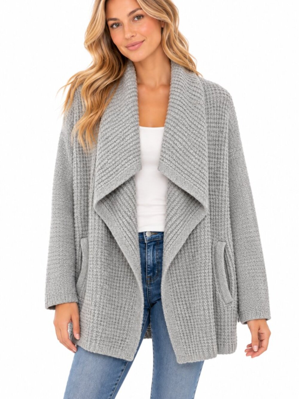 Barefoot Dreams CozyChic Lite Waffle Knit Drape Front Cardigan Gray Small Pocket